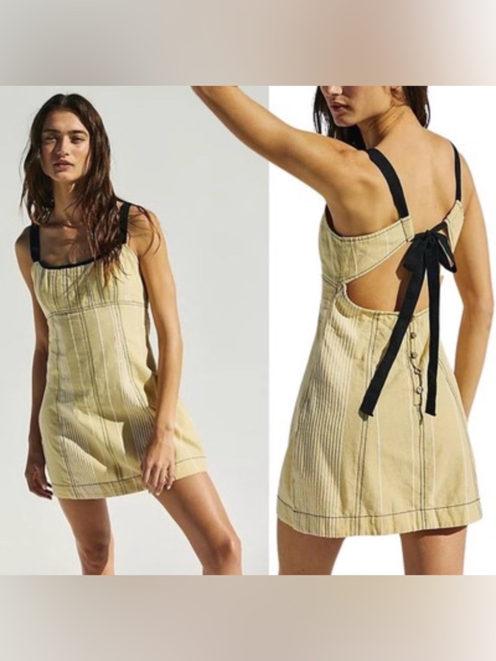 Free People Sailor Mini Dress Backless Green Yellow M 100% Cotton Bow Tie